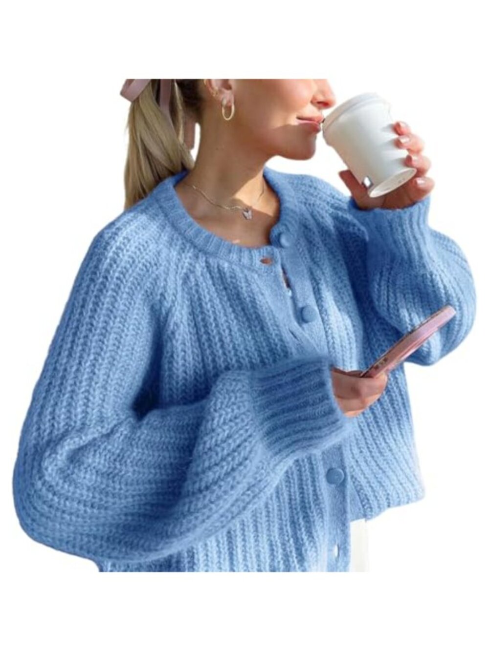 Cable Knit Button Down Cardigan Sweater Long Sleeve Crewneck Relaxed Fit